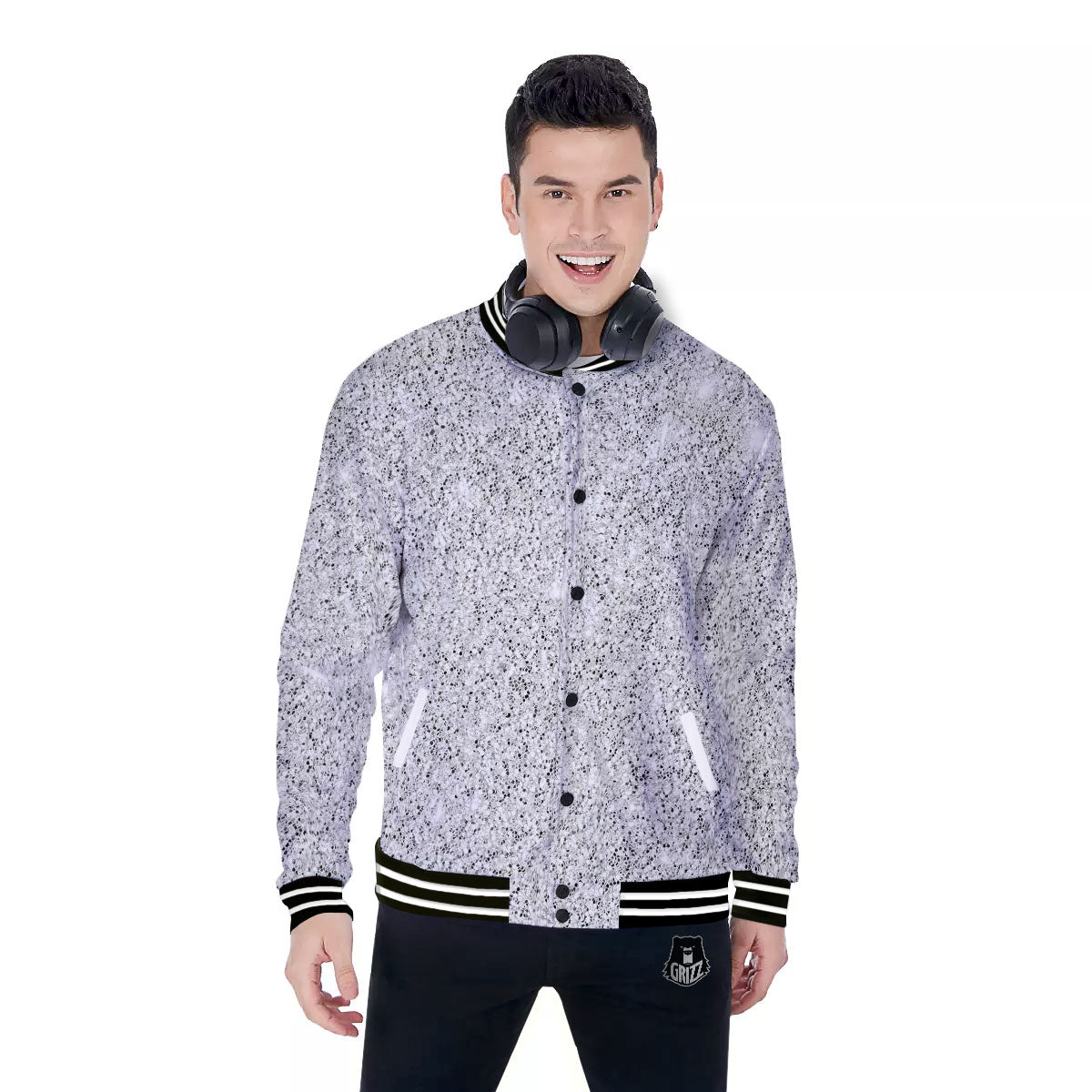 Artwork Glitter Silver Print Baseball Jacket-grizzshop