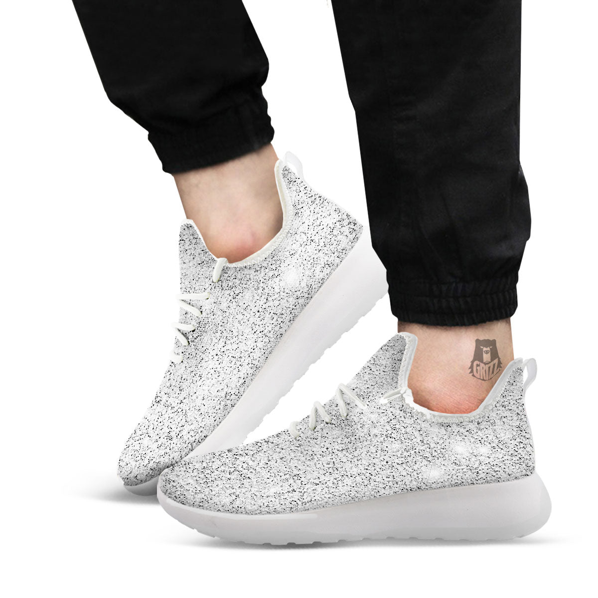 Artwork Glitter Silver Print White Athletic Shoes-grizzshop