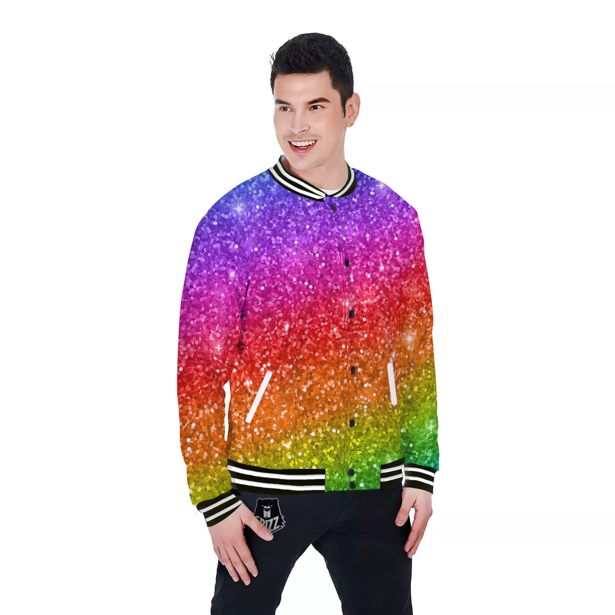 Artwork Rainbow Glitter Print Baseball Jacket-grizzshop