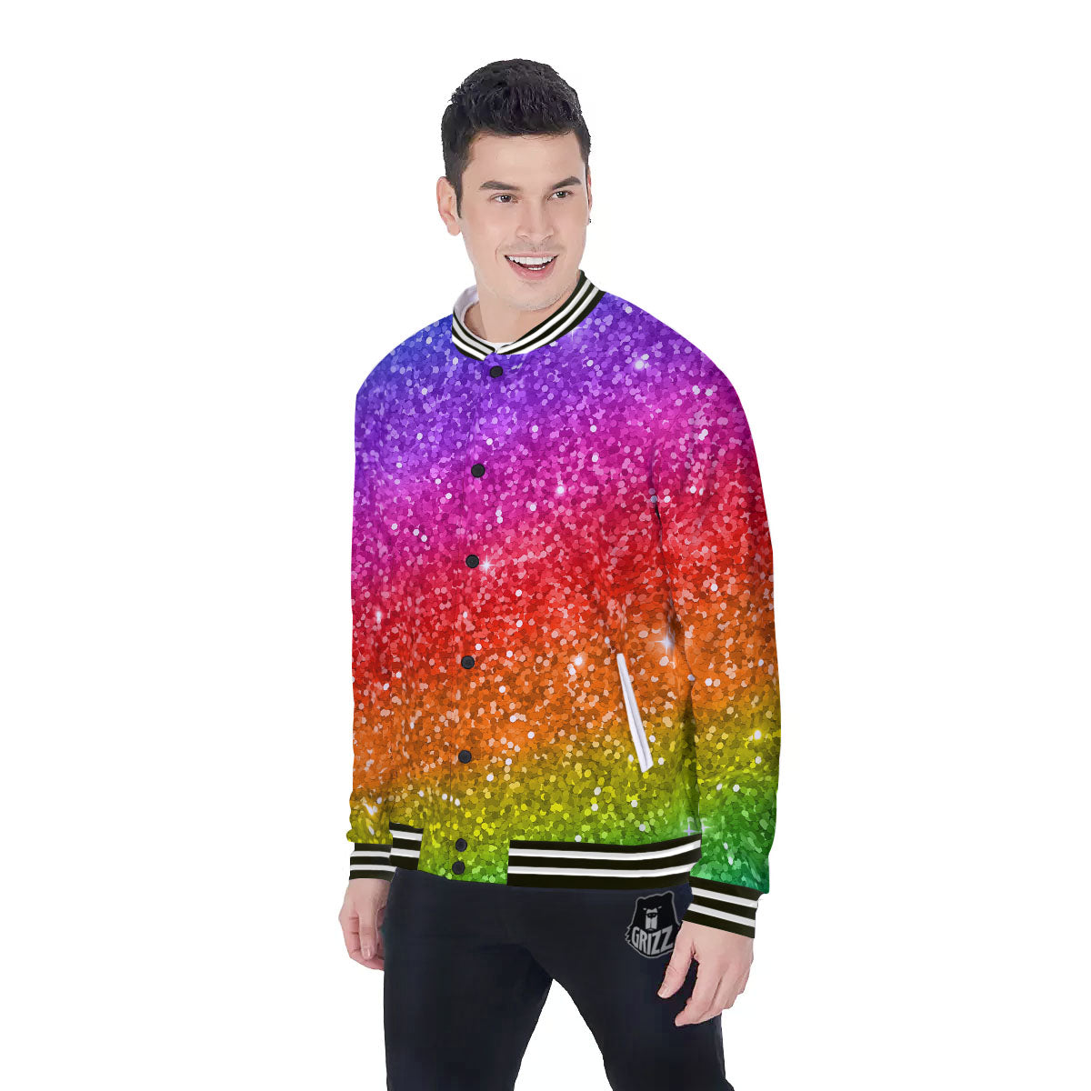 Artwork Rainbow Glitter Print Baseball Jacket-grizzshop