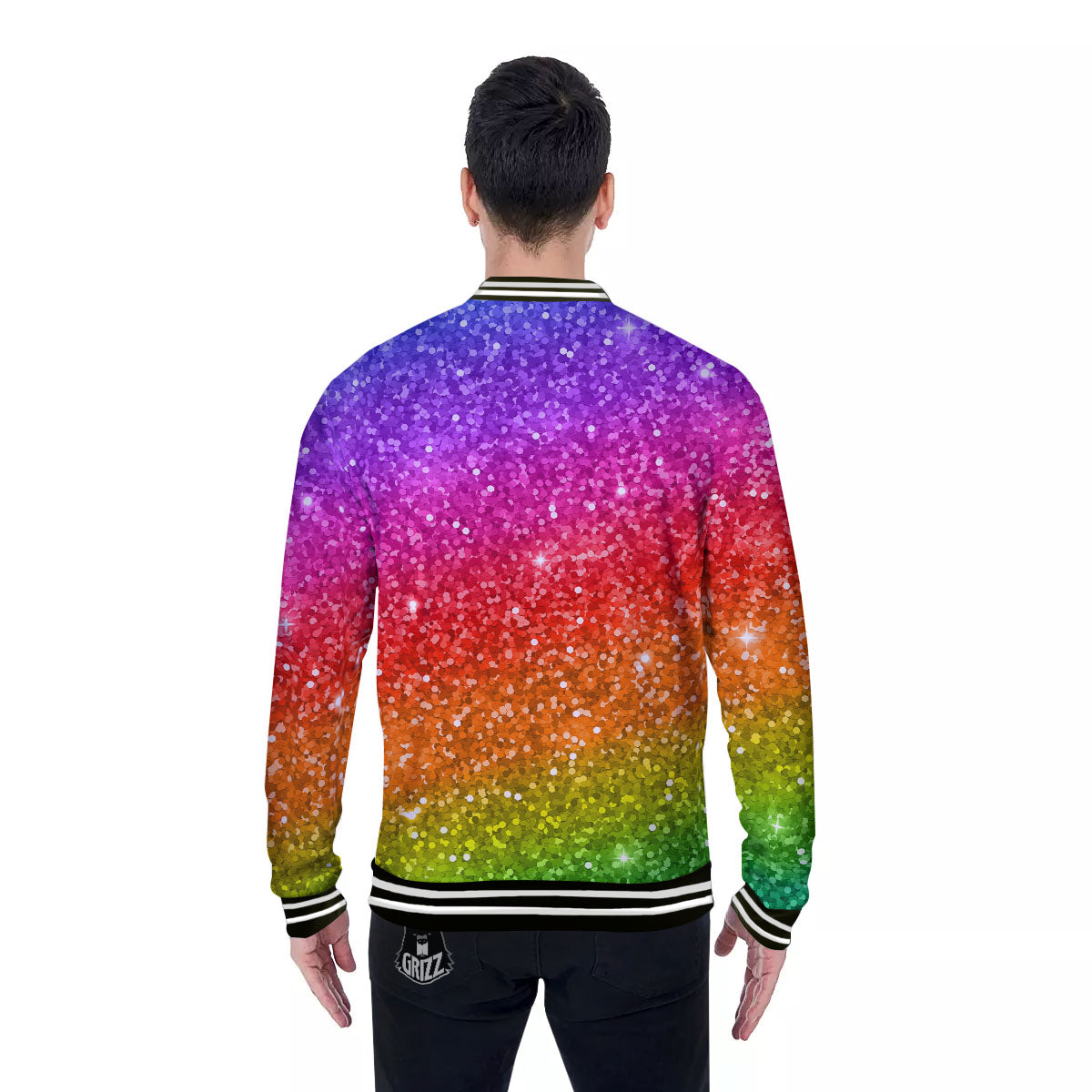Artwork Rainbow Glitter Print Baseball Jacket-grizzshop