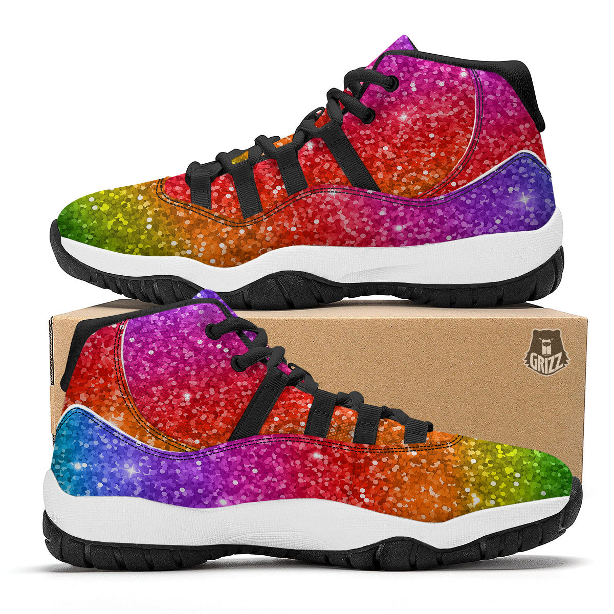 Artwork Rainbow Glitter Print Black Bball Shoes-grizzshop