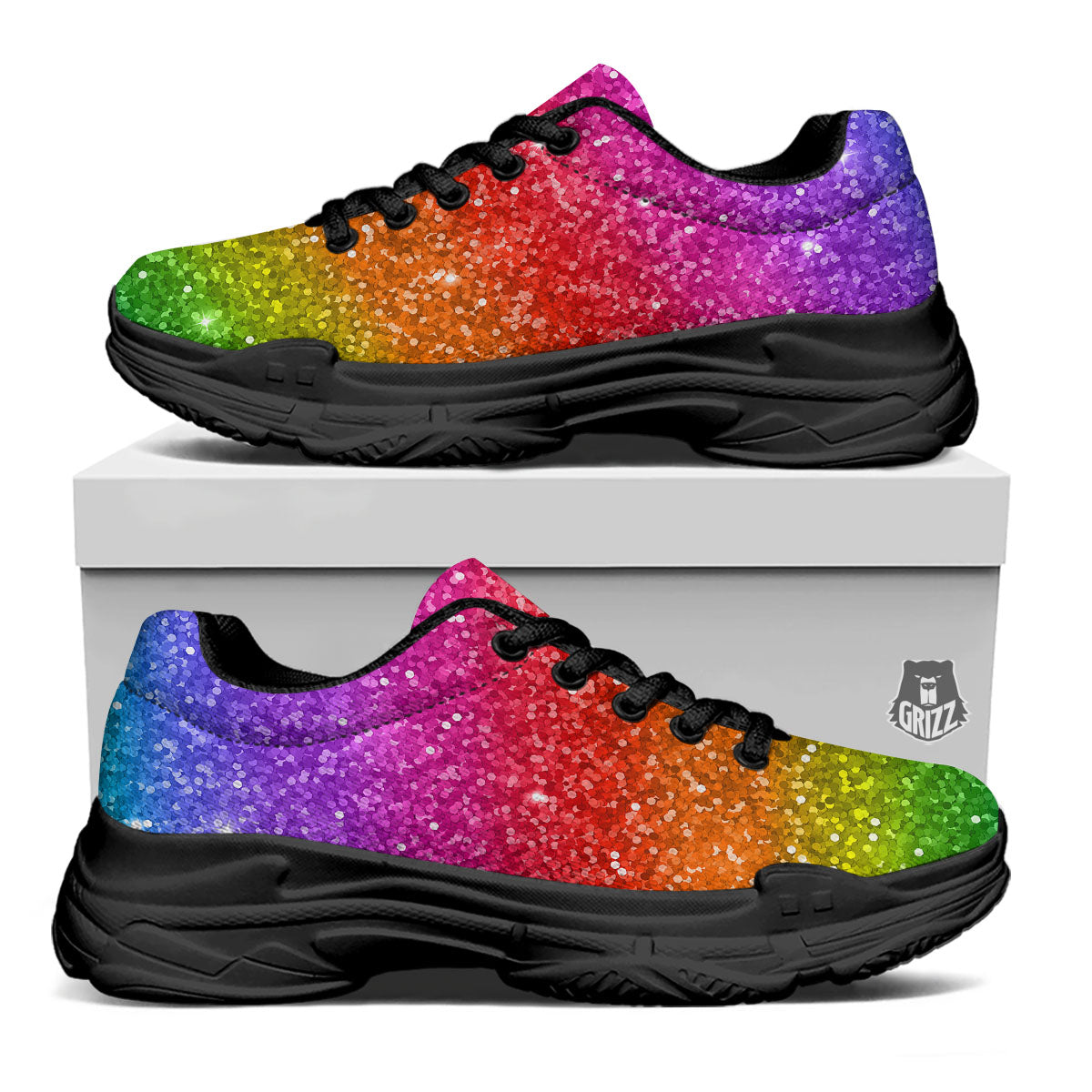 Artwork Rainbow Glitter Print Black Chunky Shoes-grizzshop