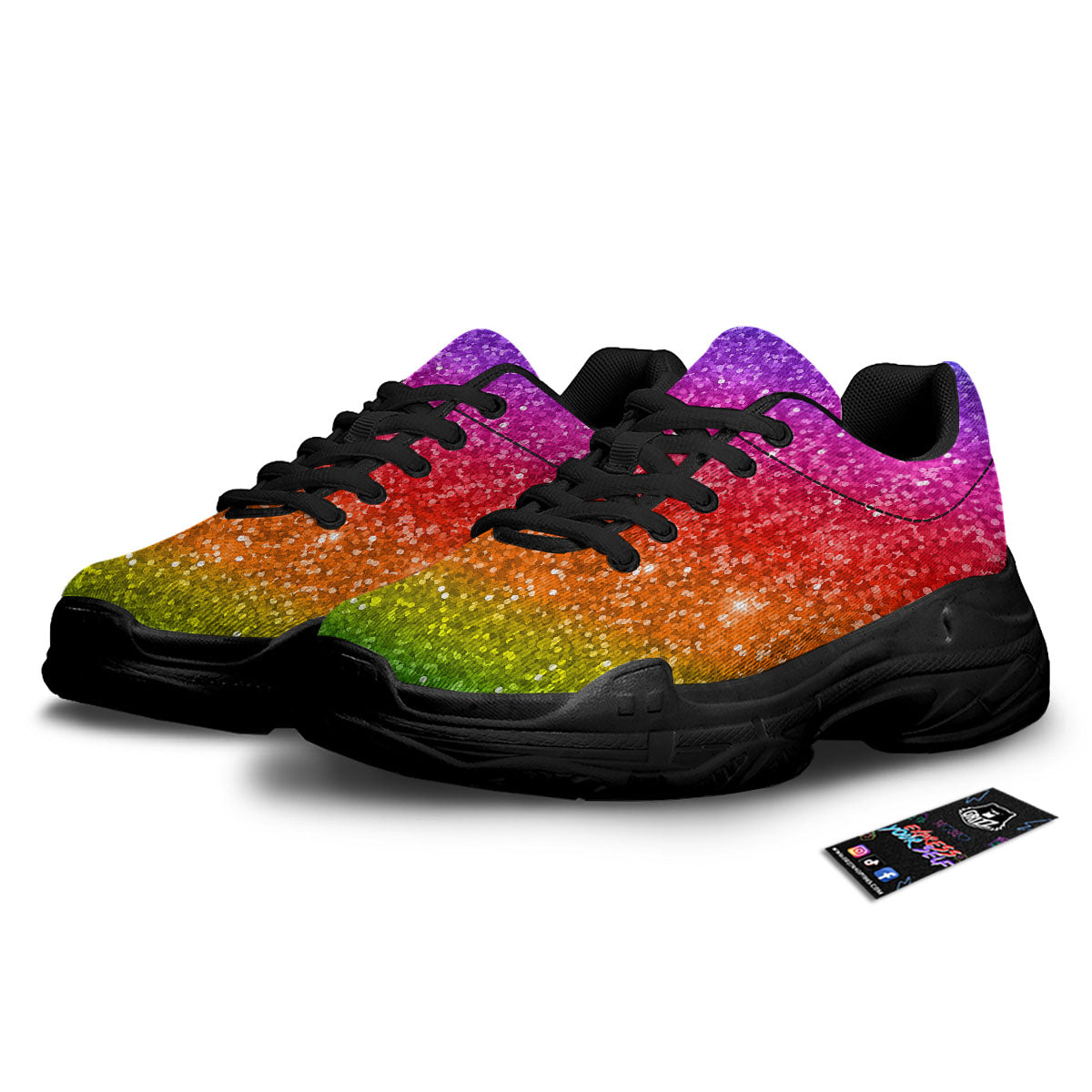 Artwork Rainbow Glitter Print Black Chunky Shoes-grizzshop