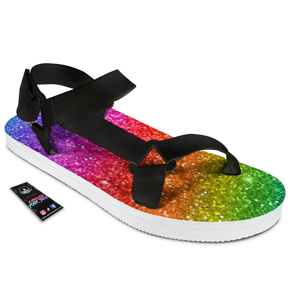 Artwork Rainbow Glitter Print Black Open Toe Sandals-grizzshop