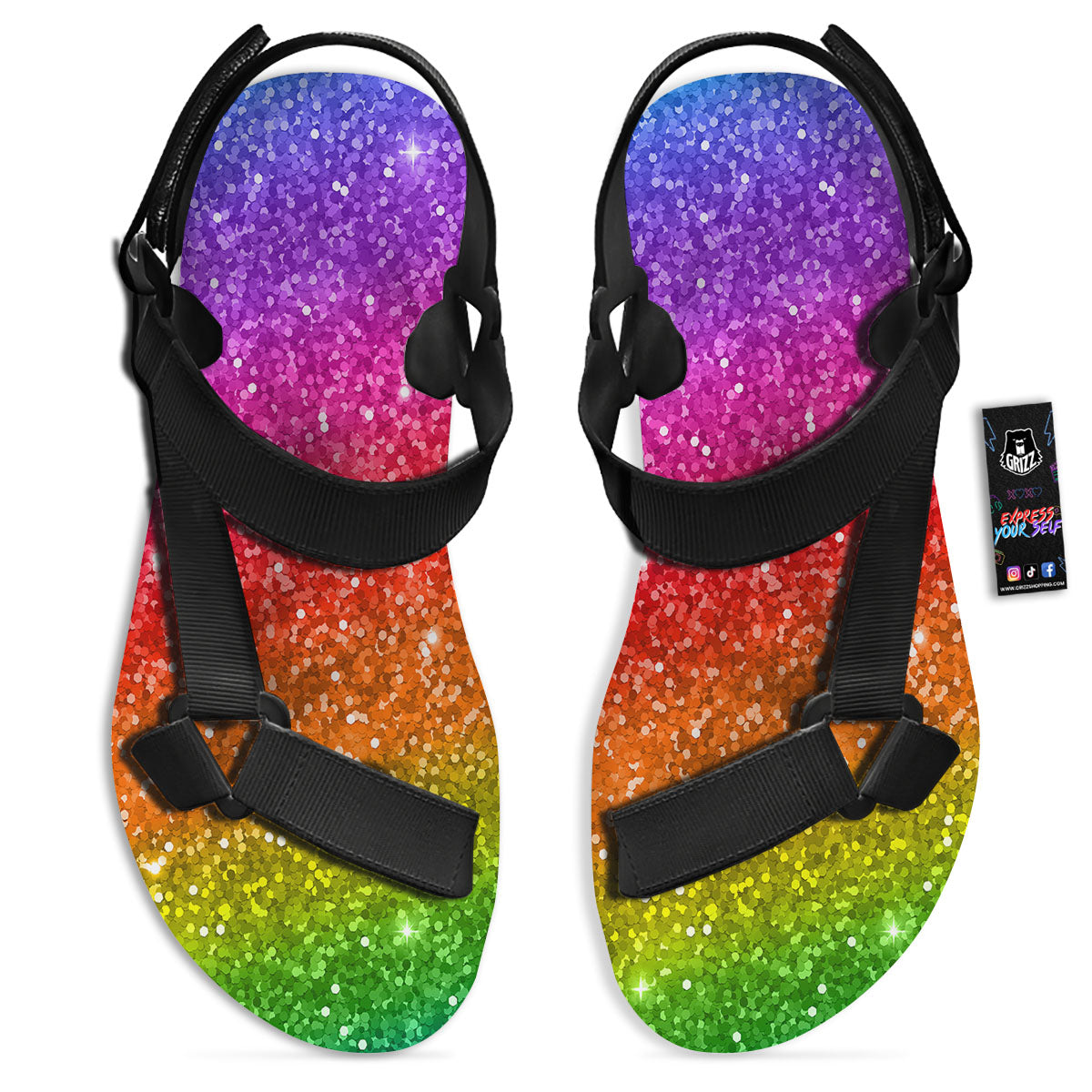 Artwork Rainbow Glitter Print Black Open Toe Sandals-grizzshop