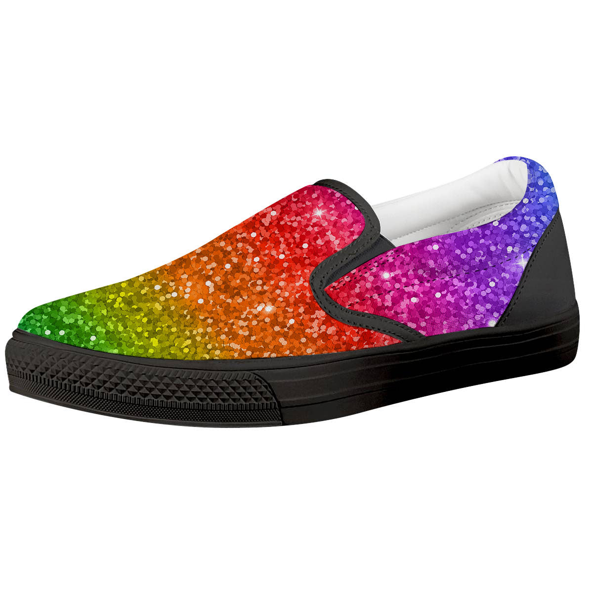 Artwork Rainbow Glitter Print Black Slip On Shoes-grizzshop