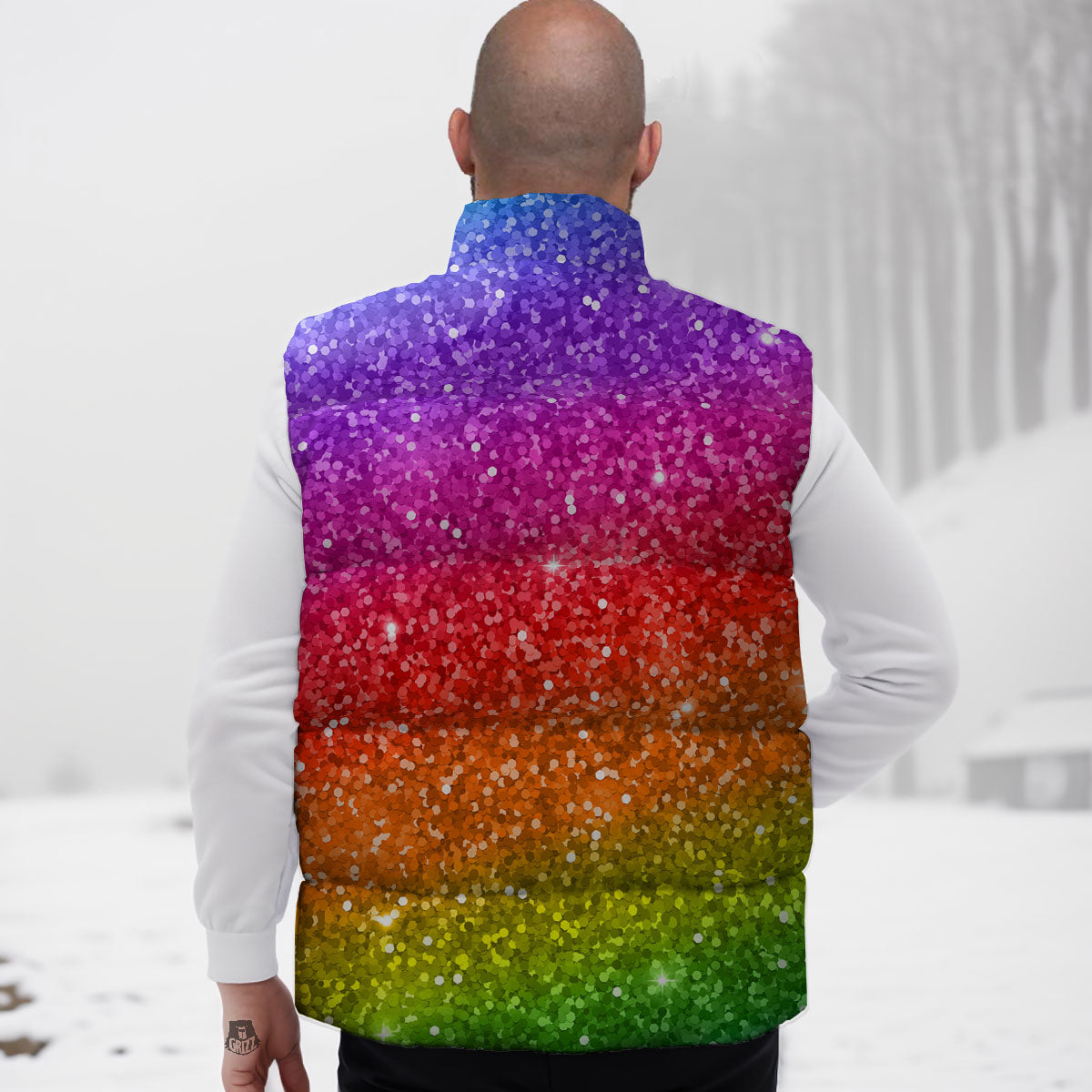 Artwork Rainbow Glitter Print Down Vest