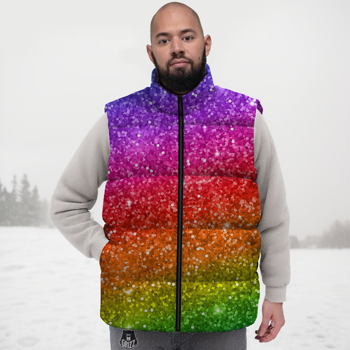 Artwork Rainbow Glitter Print Down Vest