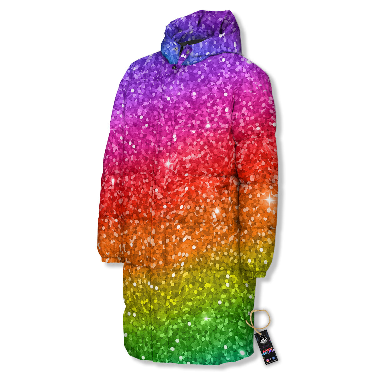 Artwork Rainbow Glitter Print Long Down Jacket-grizzshop
