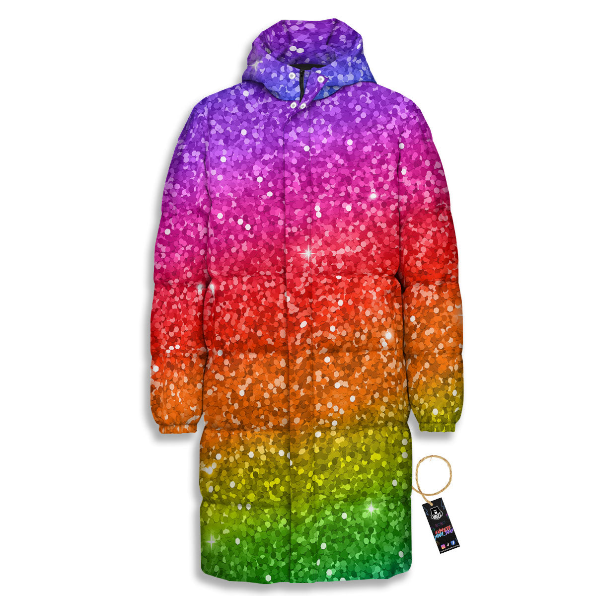 Artwork Rainbow Glitter Print Long Down Jacket-grizzshop