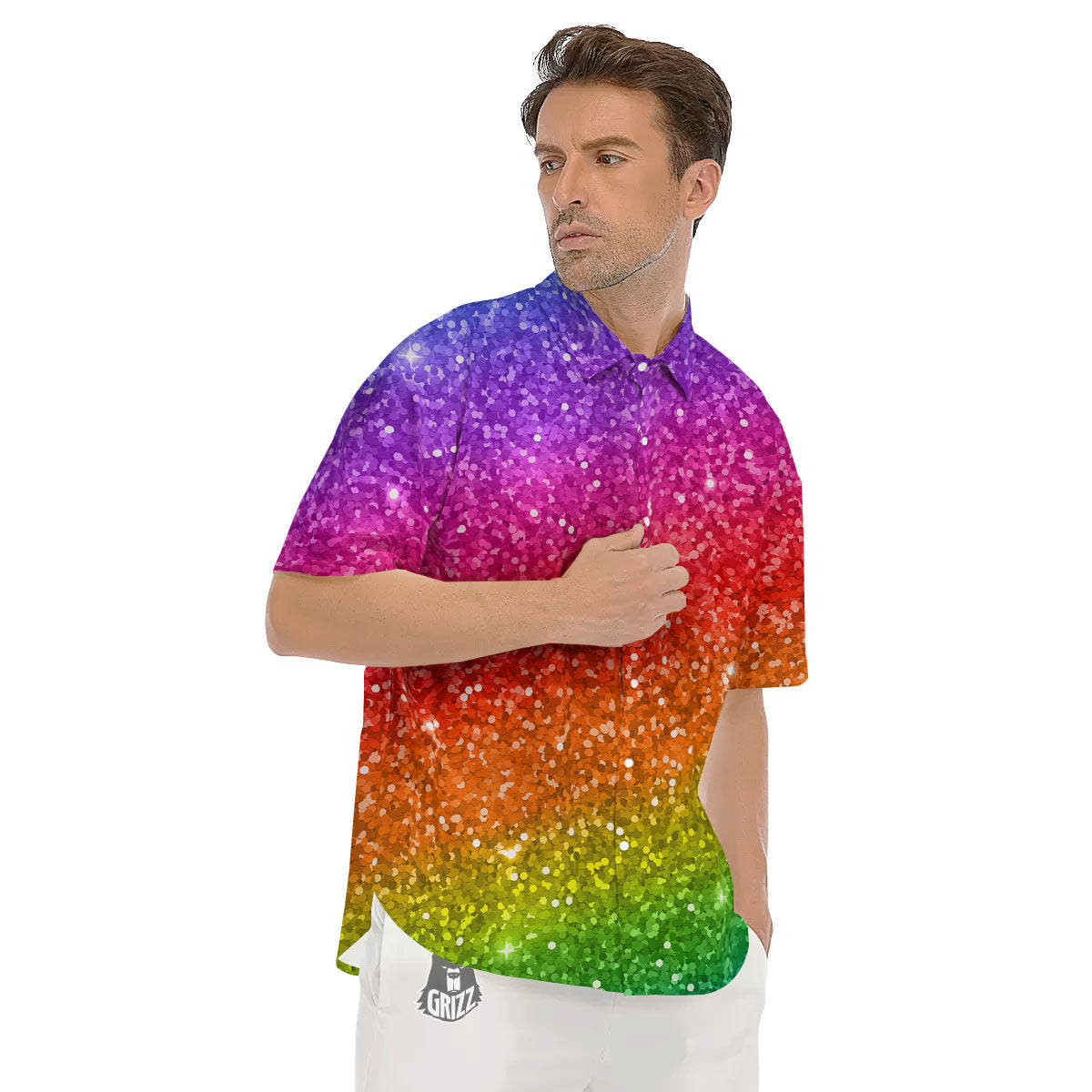 Artwork Rainbow Glitter Print Men's Short Sleeve Shirts-grizzshop