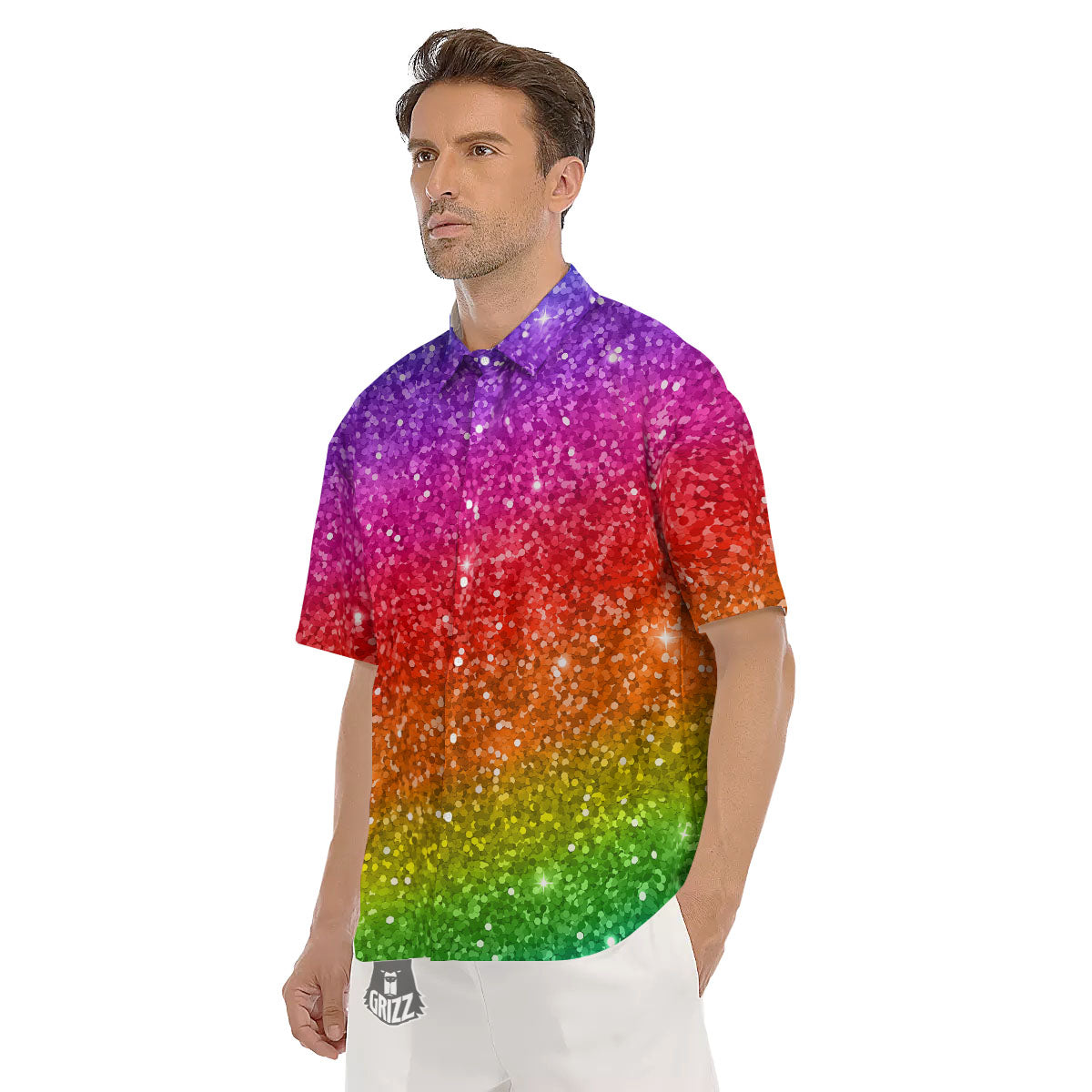 Artwork Rainbow Glitter Print Men's Short Sleeve Shirts-grizzshop