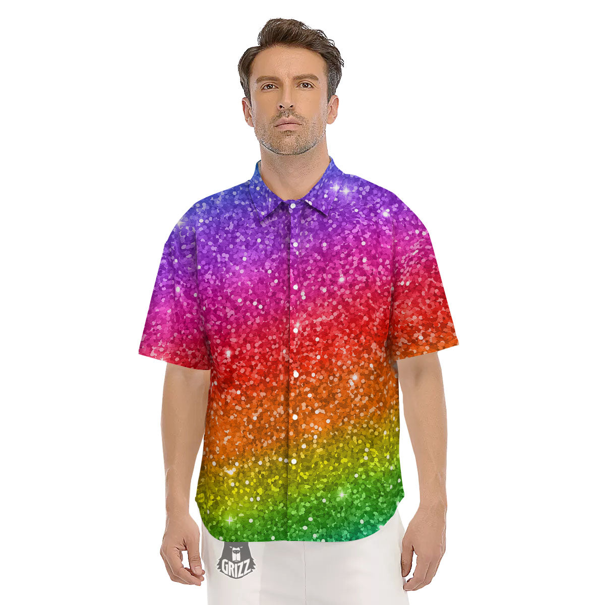 Artwork Rainbow Glitter Print Men's Short Sleeve Shirts-grizzshop