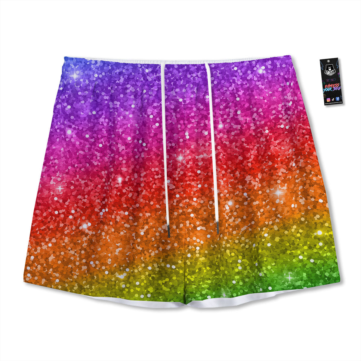 Artwork Rainbow Glitter Print Mesh Shorts