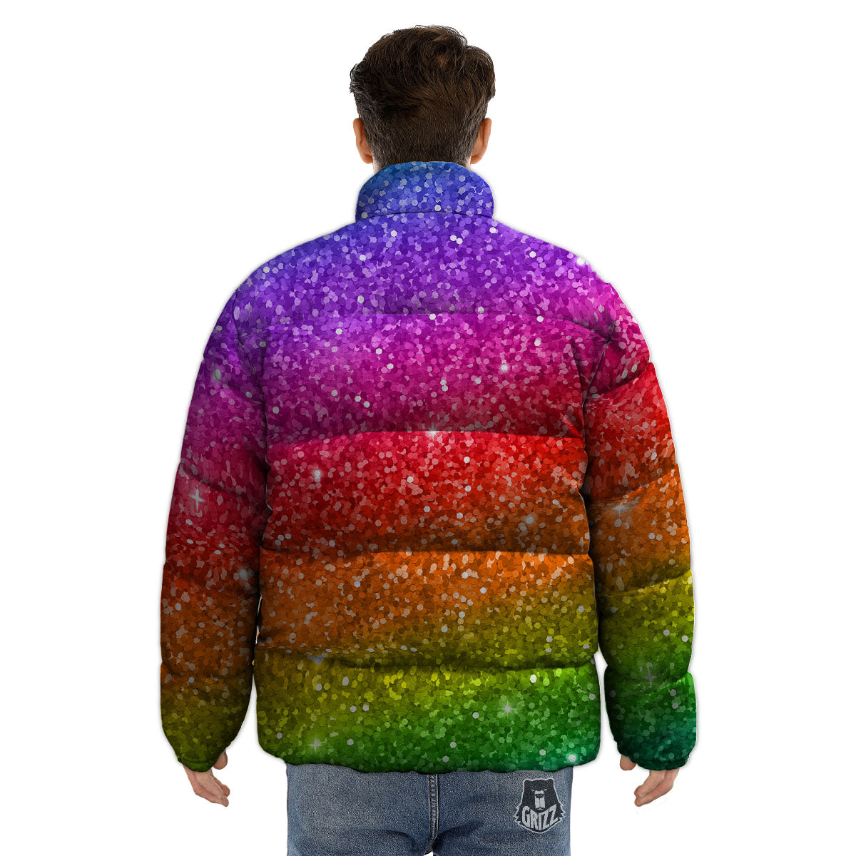 Artwork Rainbow Glitter Print Puffer Jacket-grizzshop