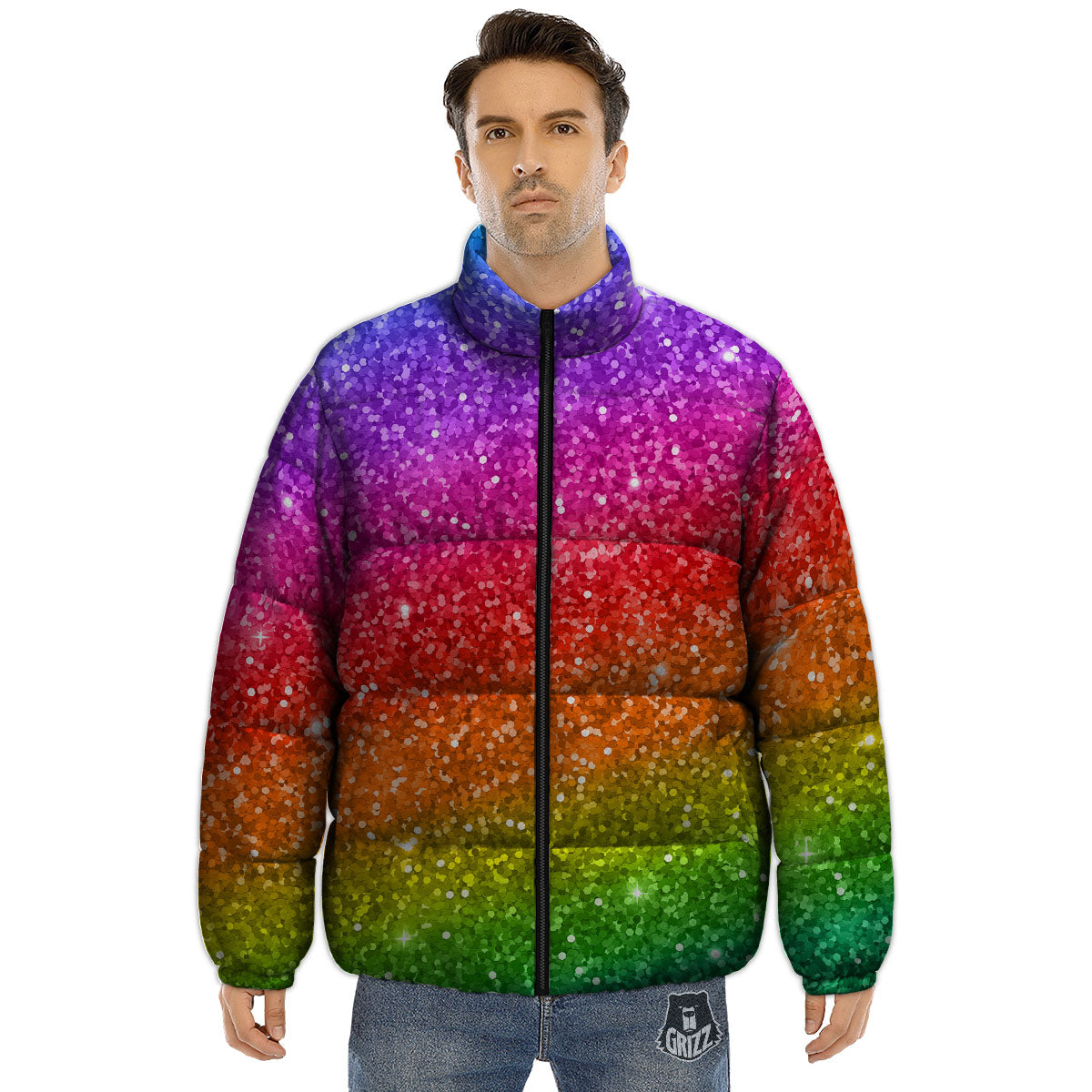 Artwork Rainbow Glitter Print Puffer Jacket-grizzshop