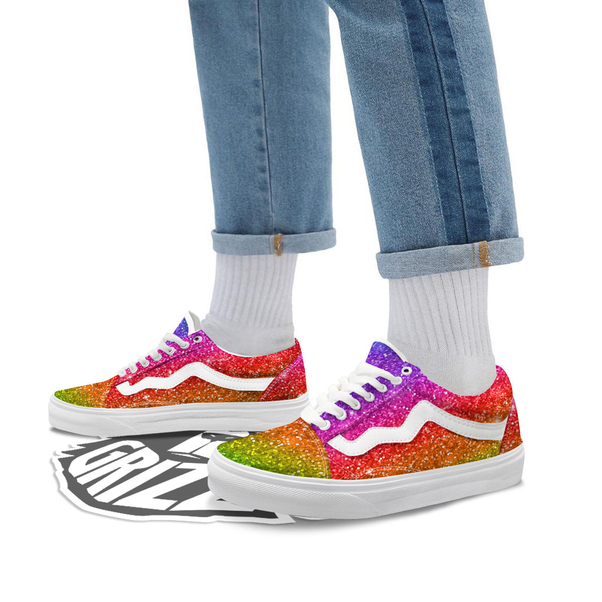 Artwork Rainbow Glitter Print Skate Shoes-grizzshop