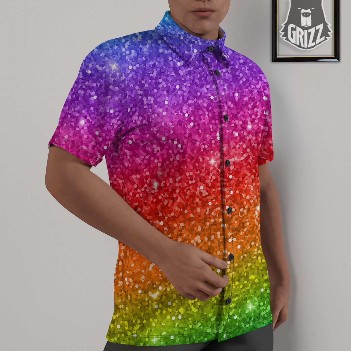 Artwork Rainbow Glitter Print Untucked Shirts-grizzshop