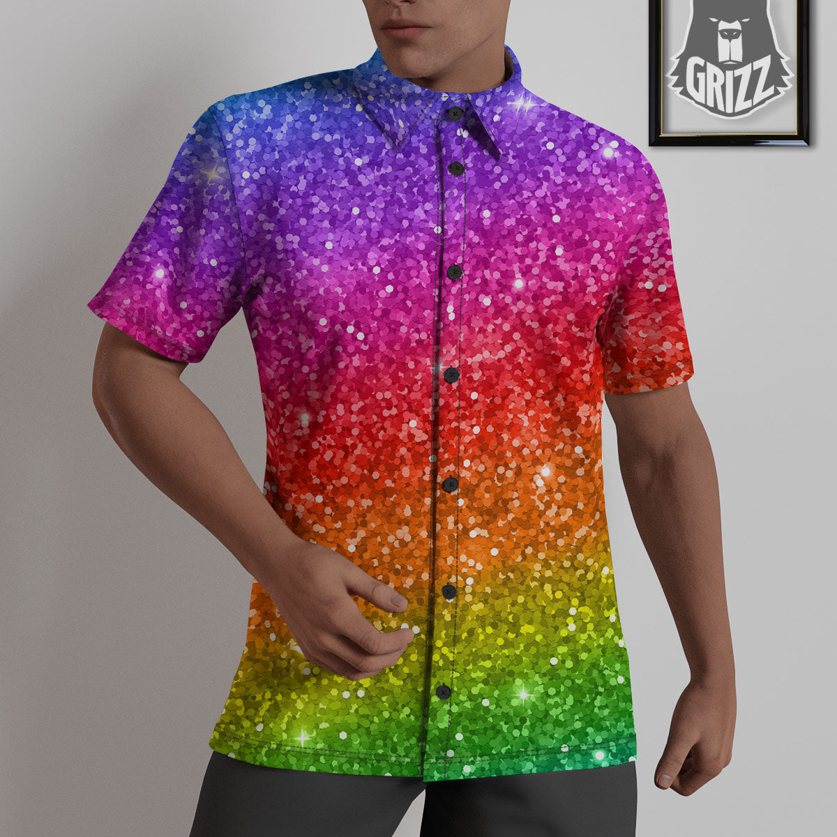 Artwork Rainbow Glitter Print Untucked Shirts-grizzshop