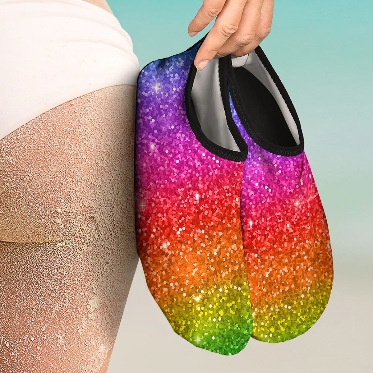 Artwork Rainbow Glitter Print Water Shoes-grizzshop