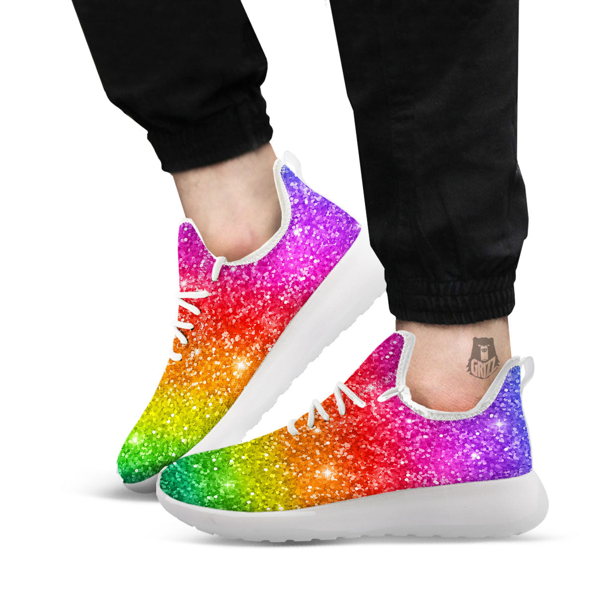 Artwork Rainbow Glitter Print White Athletic Shoes-grizzshop