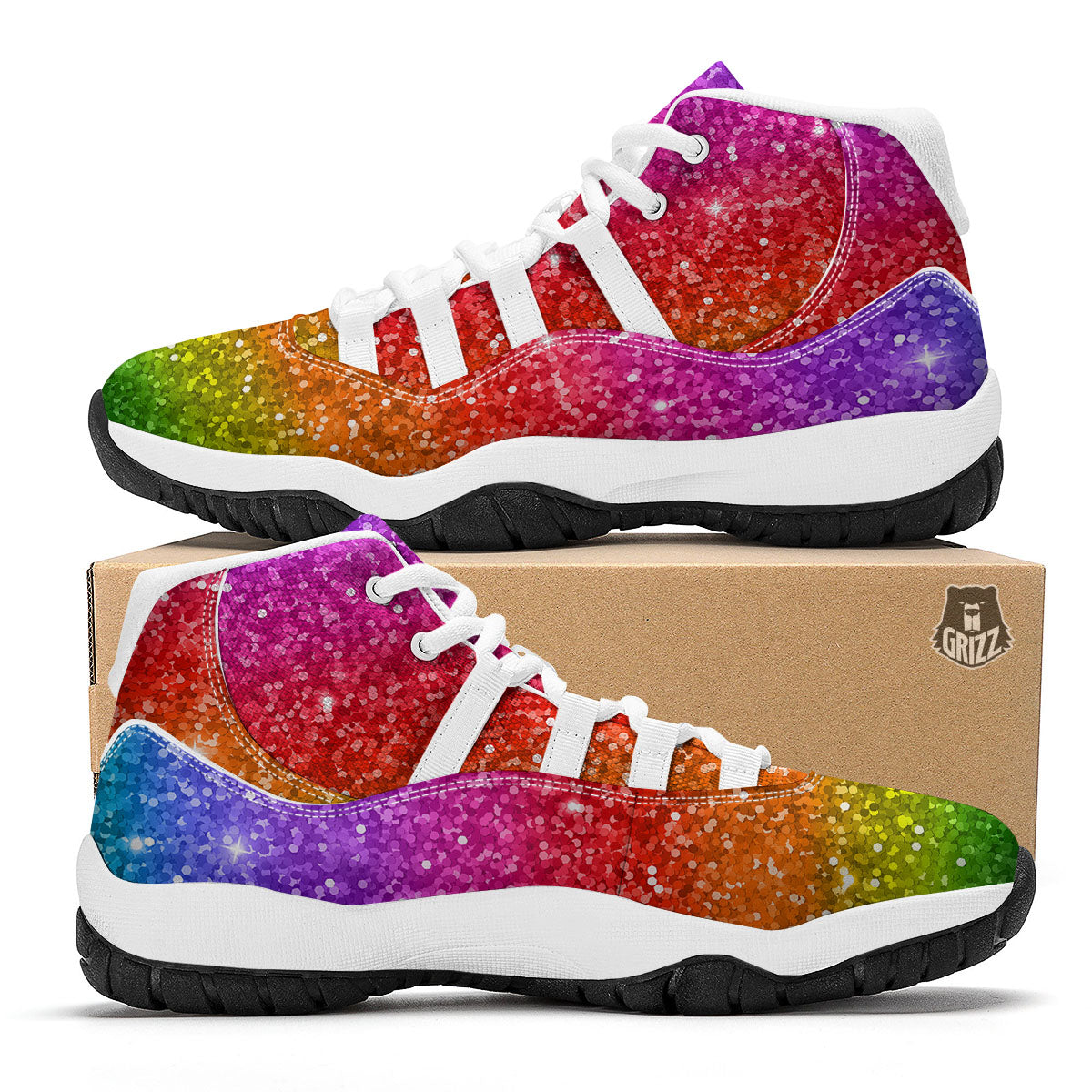 Artwork Rainbow Glitter Print White Bball Shoes-grizzshop