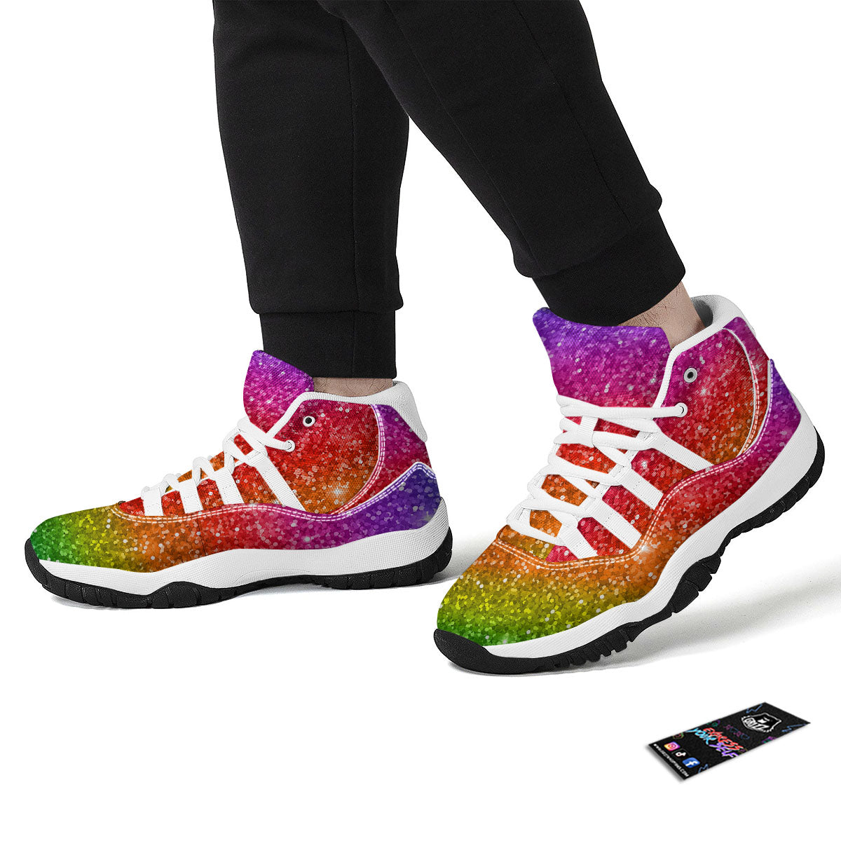 Artwork Rainbow Glitter Print White Bball Shoes-grizzshop