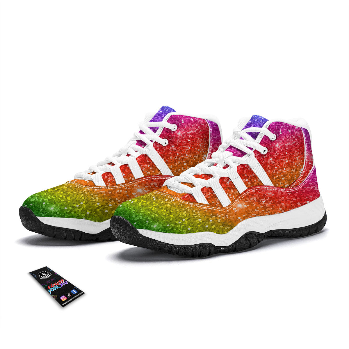 Artwork Rainbow Glitter Print White Bball Shoes-grizzshop