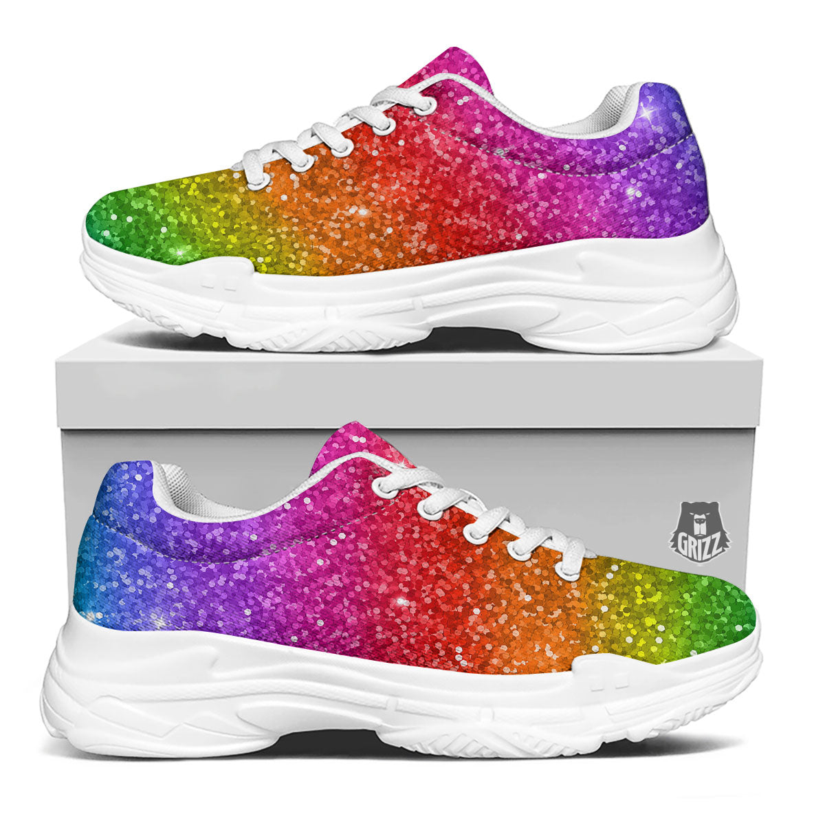 Artwork Rainbow Glitter Print White Chunky Shoes-grizzshop
