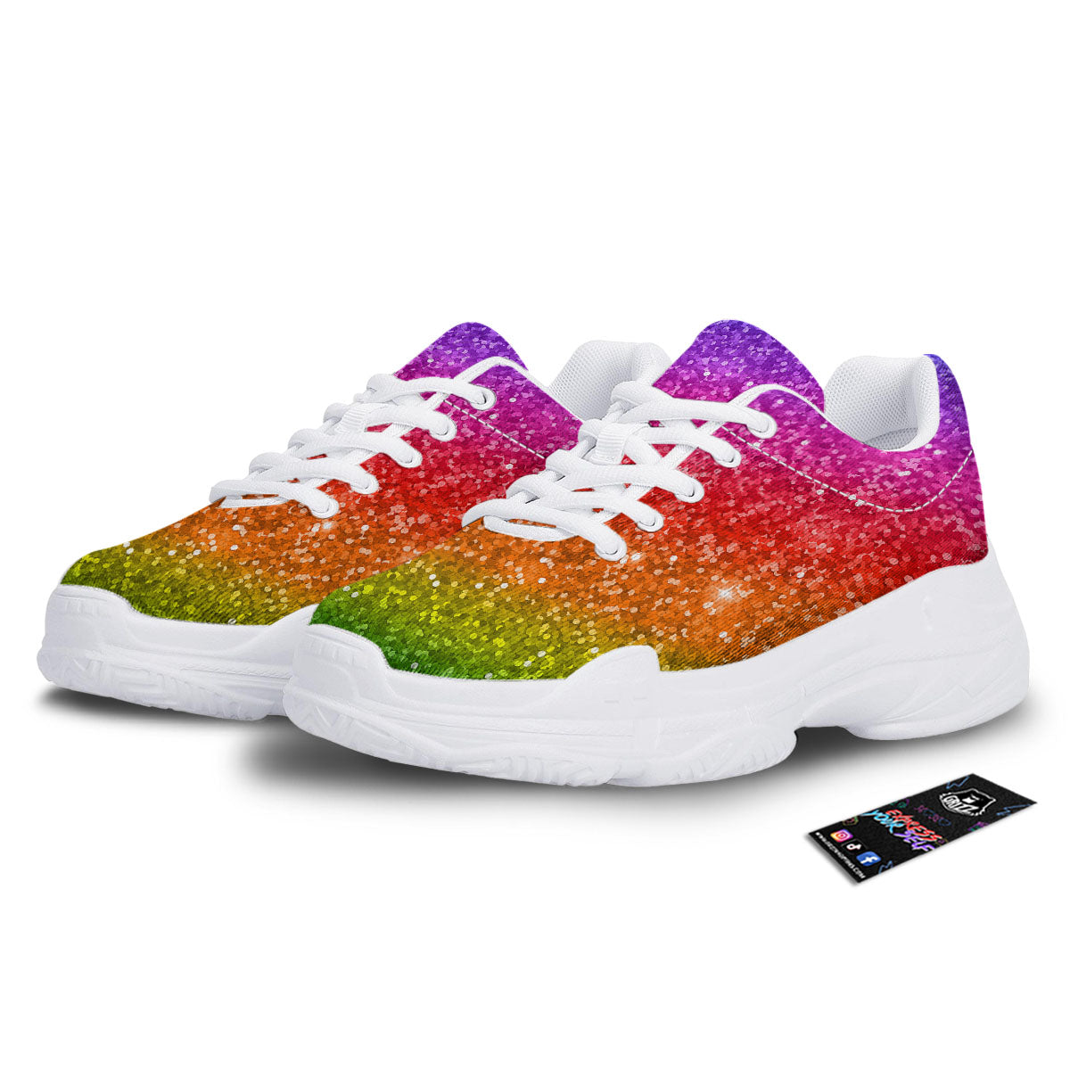 Artwork Rainbow Glitter Print White Chunky Shoes-grizzshop