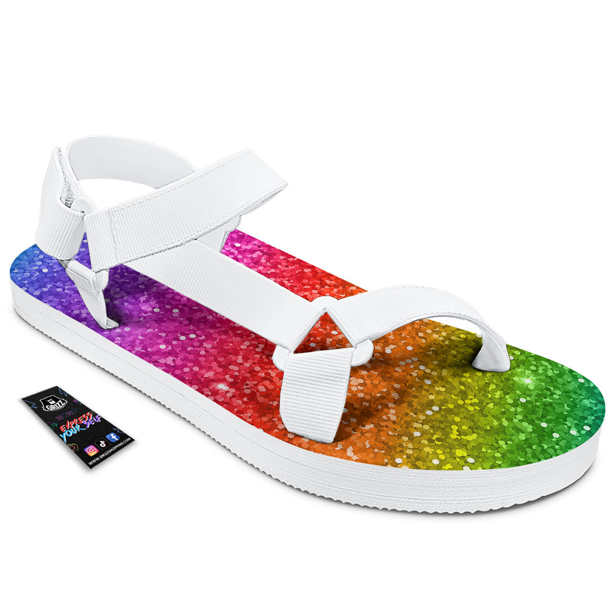 Artwork Rainbow Glitter Print White Open Toe Sandals-grizzshop