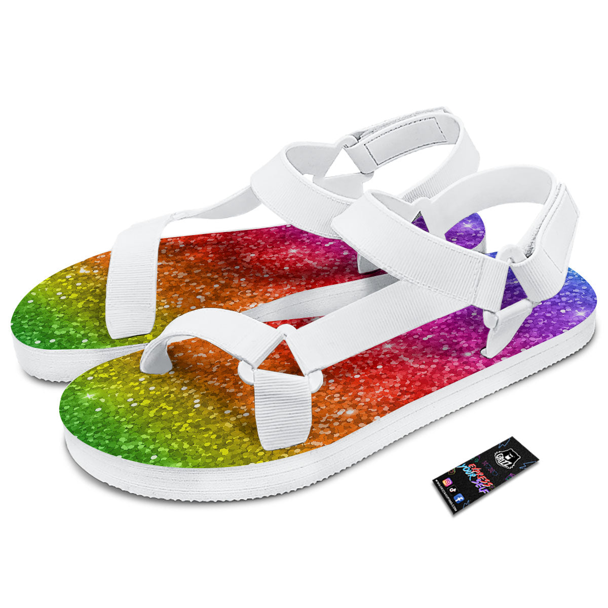 Artwork Rainbow Glitter Print White Open Toe Sandals-grizzshop