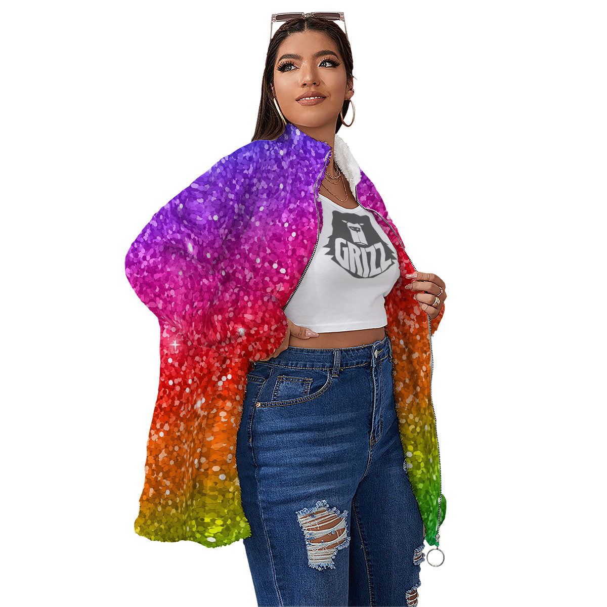 Artwork Rainbow Glitter Print Women's Sherpa Jacket-grizzshop
