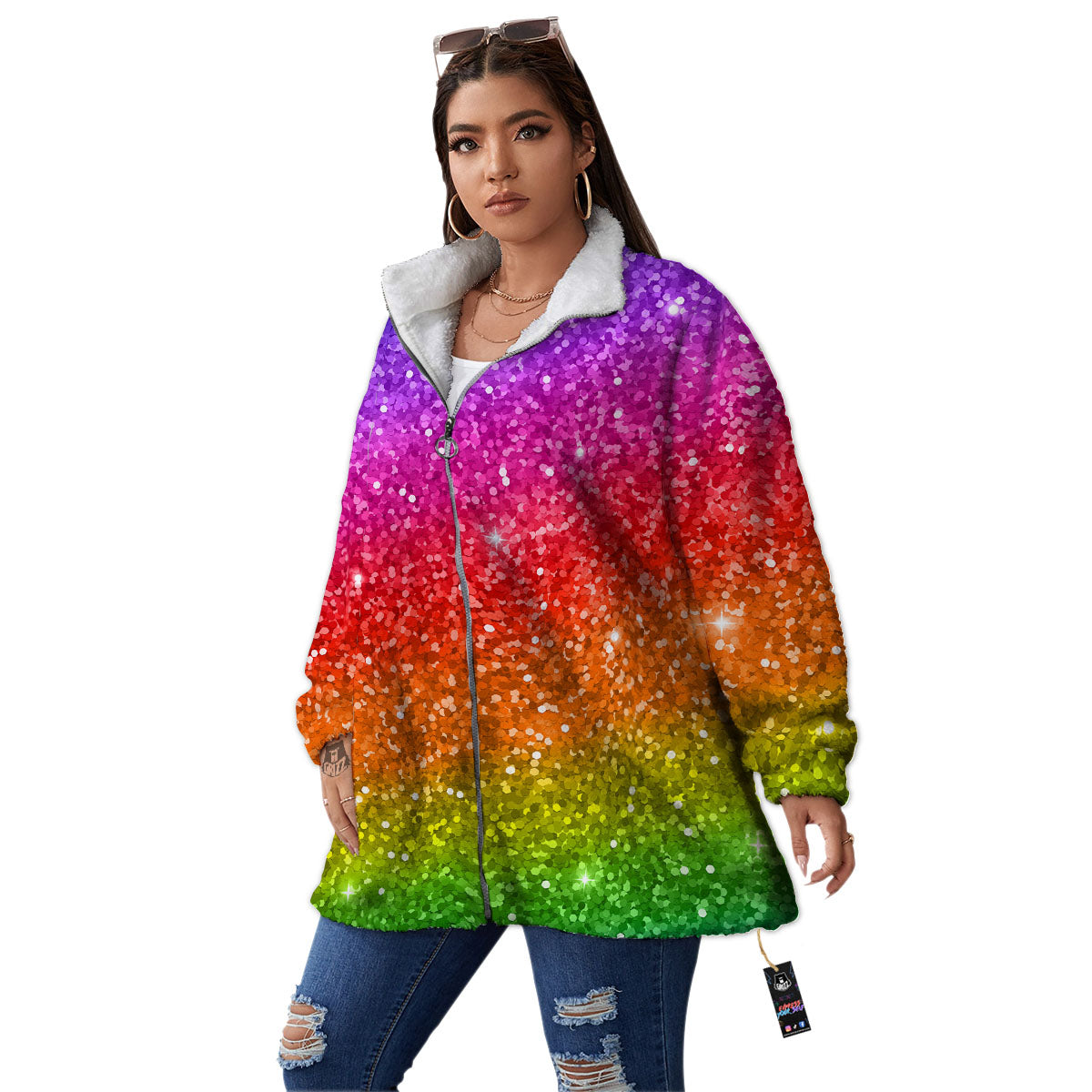 Artwork Rainbow Glitter Print Women's Sherpa Jacket-grizzshop