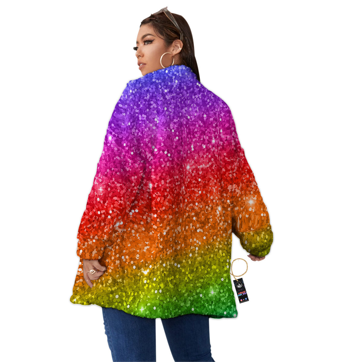 Artwork Rainbow Glitter Print Women's Sherpa Jacket-grizzshop