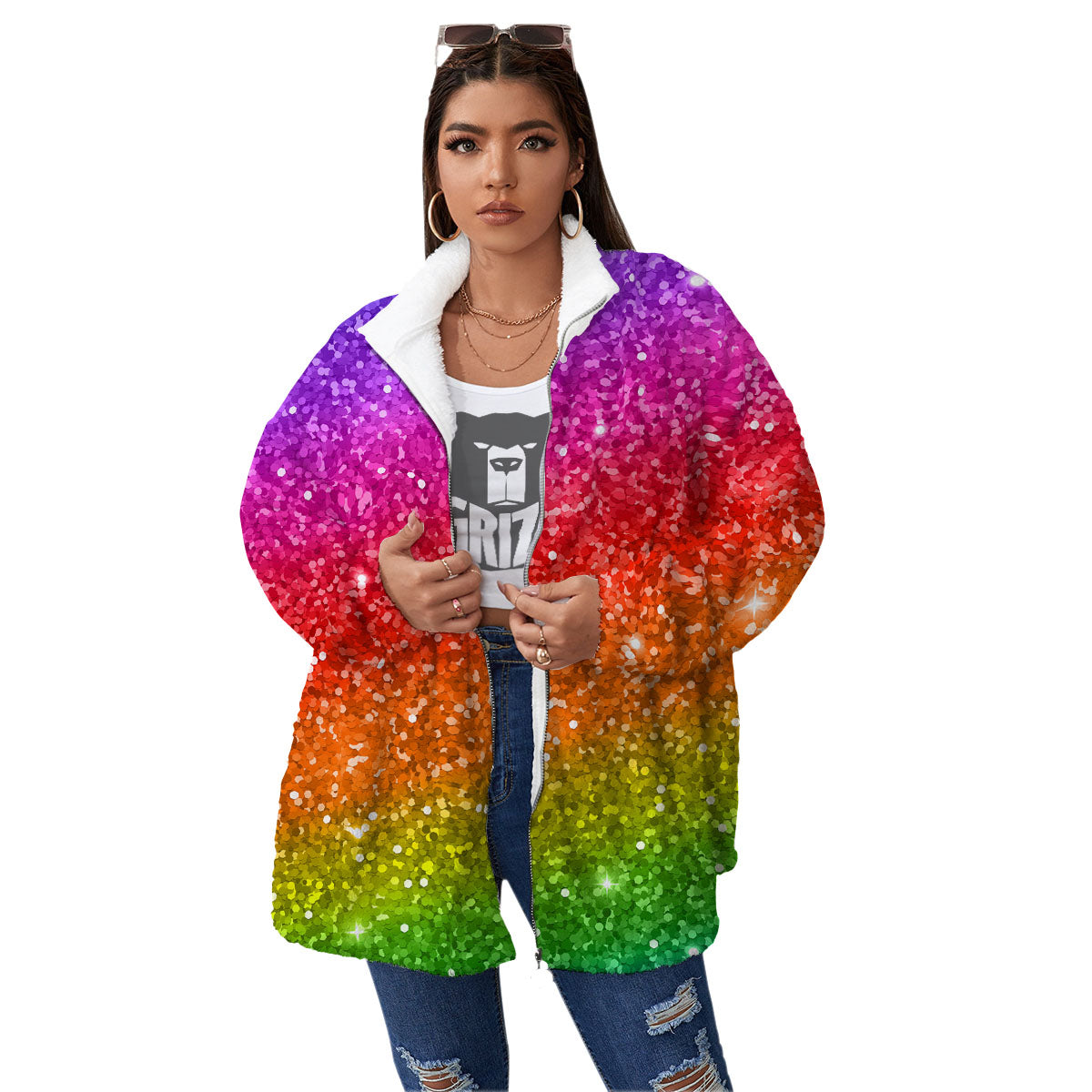 Artwork Rainbow Glitter Print Women's Sherpa Jacket-grizzshop