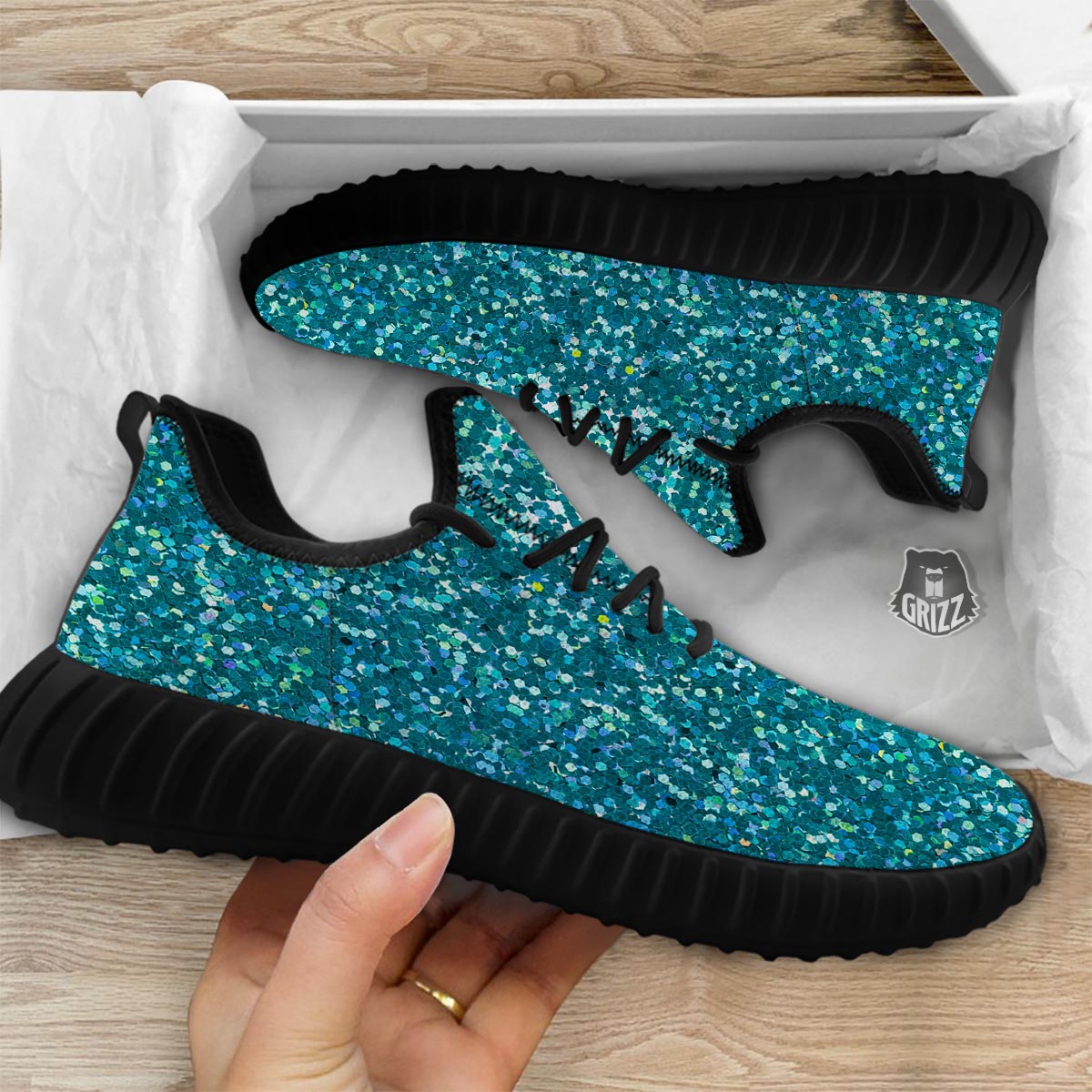 Artwork Teal Glitter Print Pattern Black Walking Shoes-grizzshop