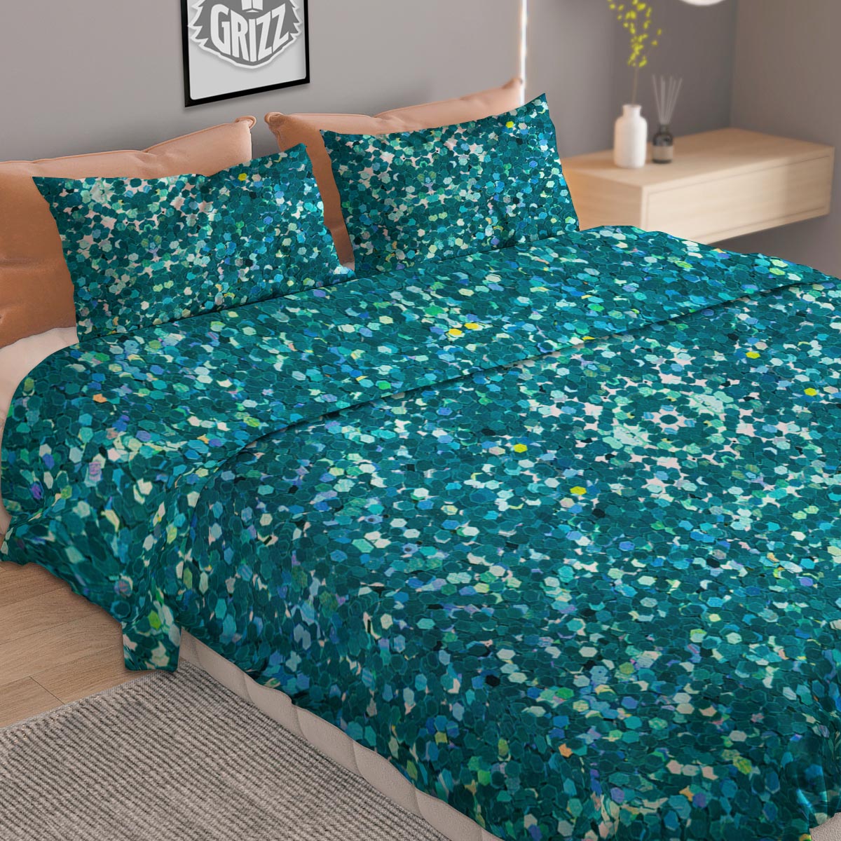 Artwork Teal Glitter Print Pattern Duvet Cover Bedding Set