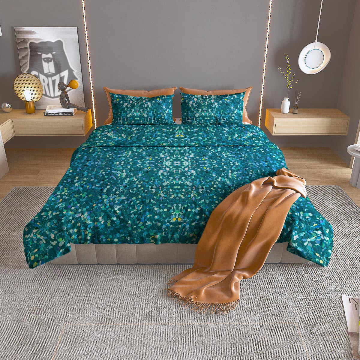 Artwork Teal Glitter Print Pattern Duvet Cover Bedding Set