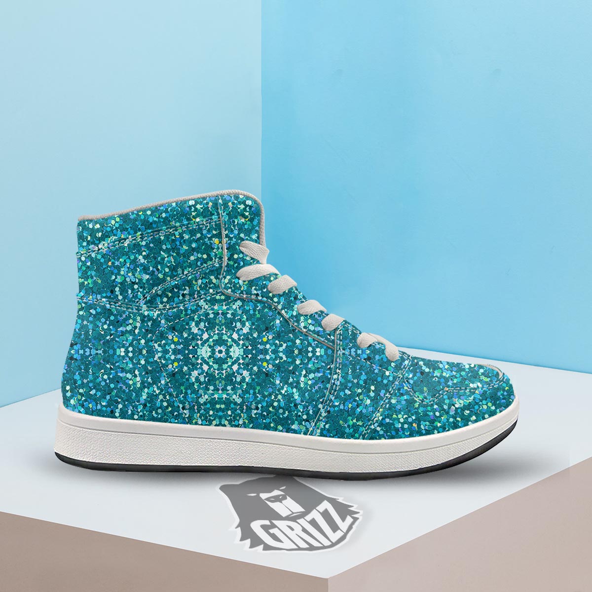 Artwork Teal Glitter Print Pattern High Top Sneakers-grizzshop