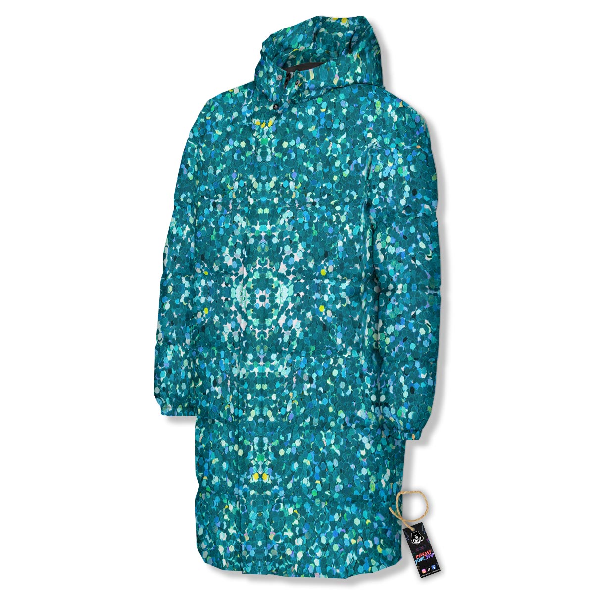 Artwork Teal Glitter Print Pattern Long Down Jacket-grizzshop