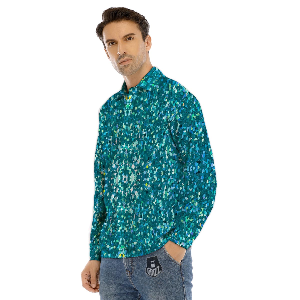 Artwork Teal Glitter Print Pattern Men's Dress Shirts-grizzshop