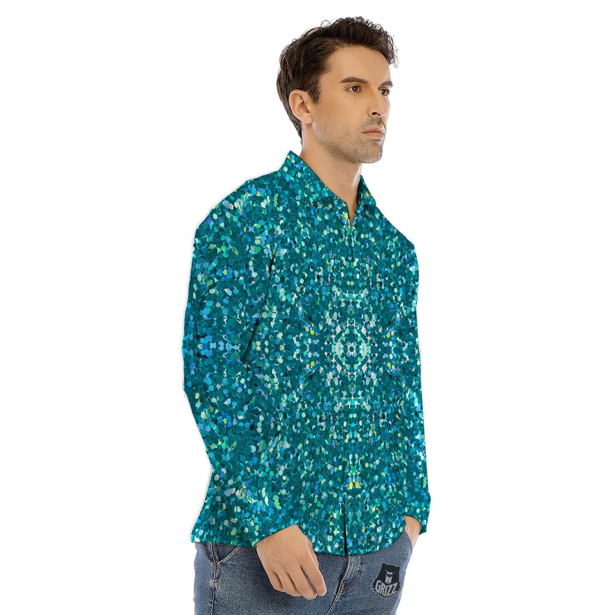 Artwork Teal Glitter Print Pattern Men's Dress Shirts-grizzshop