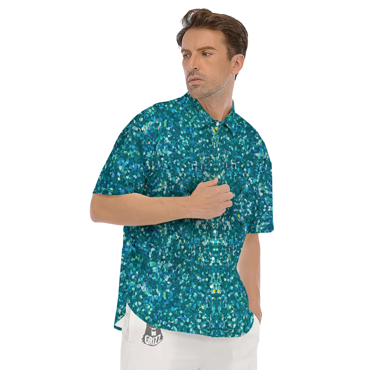 Artwork Teal Glitter Print Pattern Men's Short Sleeve Shirts-grizzshop