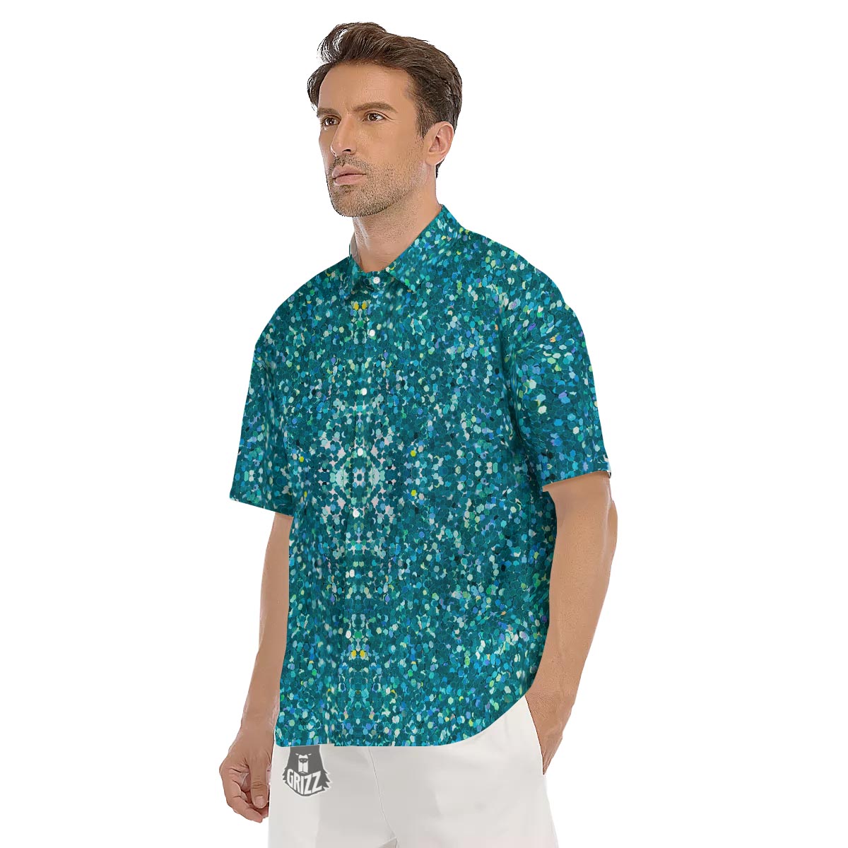 Artwork Teal Glitter Print Pattern Men's Short Sleeve Shirts-grizzshop