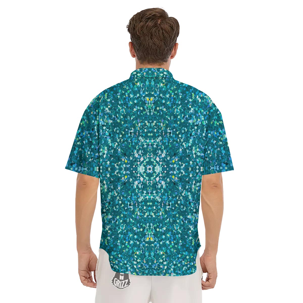 Artwork Teal Glitter Print Pattern Men's Short Sleeve Shirts-grizzshop