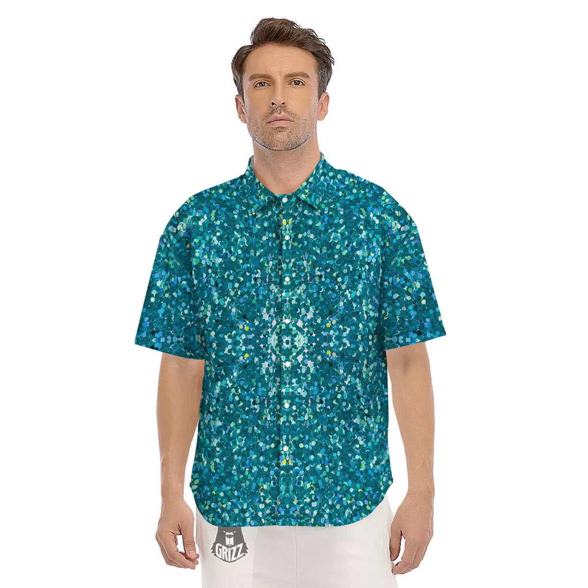 Artwork Teal Glitter Print Pattern Men's Short Sleeve Shirts-grizzshop