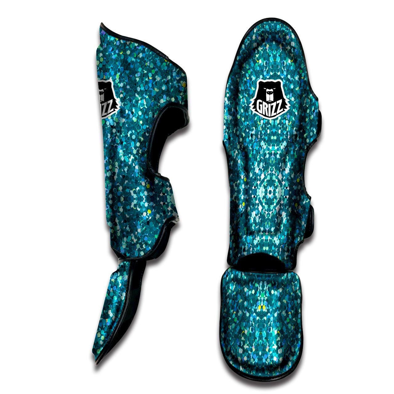 Artwork Teal Glitter Print Pattern Muay Thai Shin Guards-grizzshop