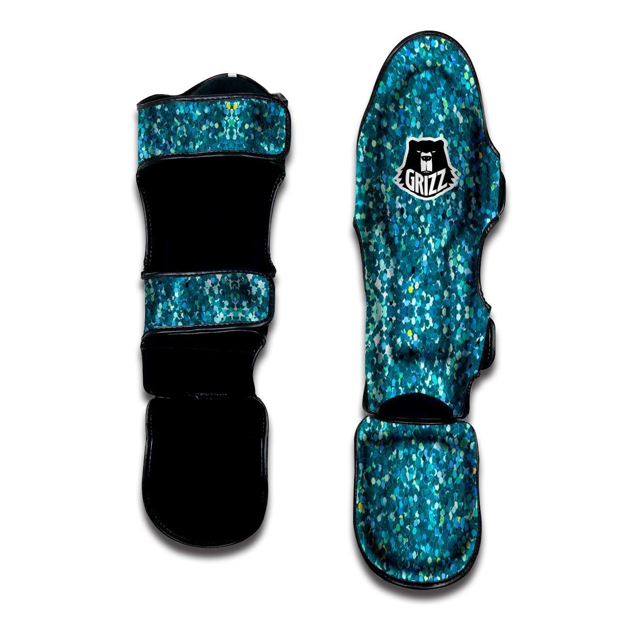 Artwork Teal Glitter Print Pattern Muay Thai Shin Guards-grizzshop